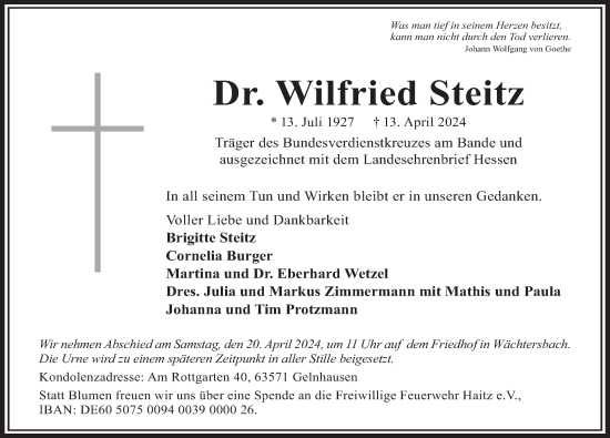 Traueranzeige von Wilfried Steitz von FZ