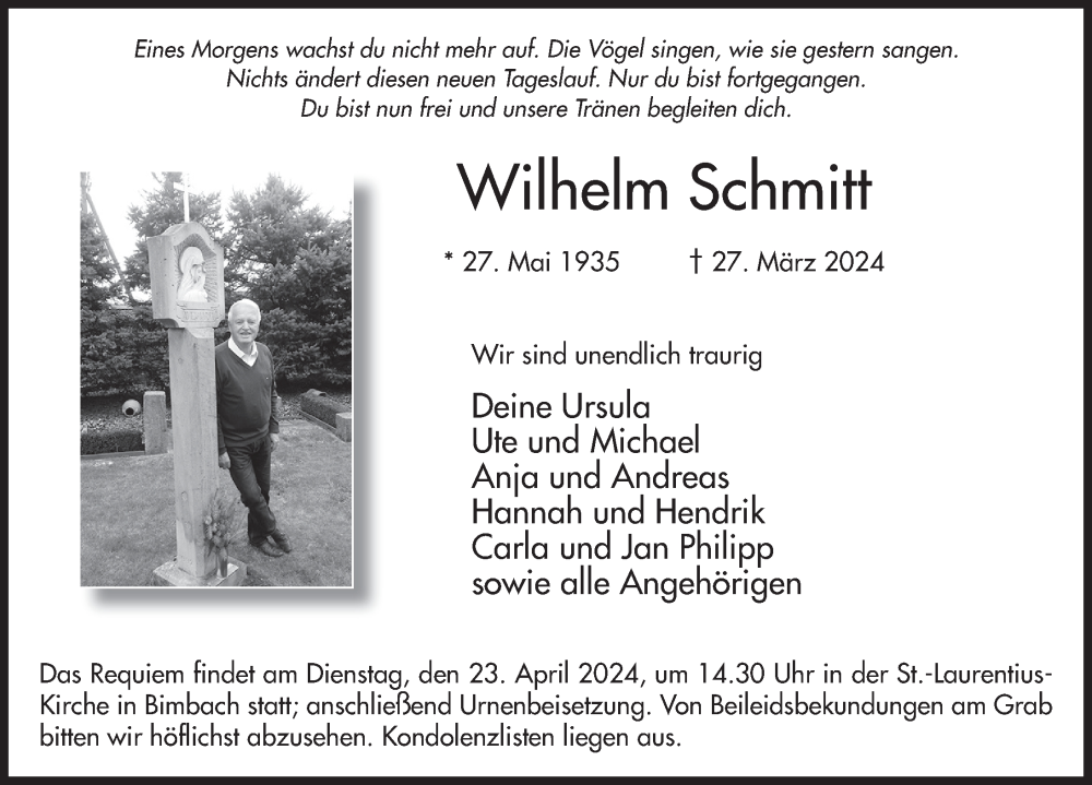  Traueranzeige für Wilhelm Schmitt vom 05.04.2024 aus FZ