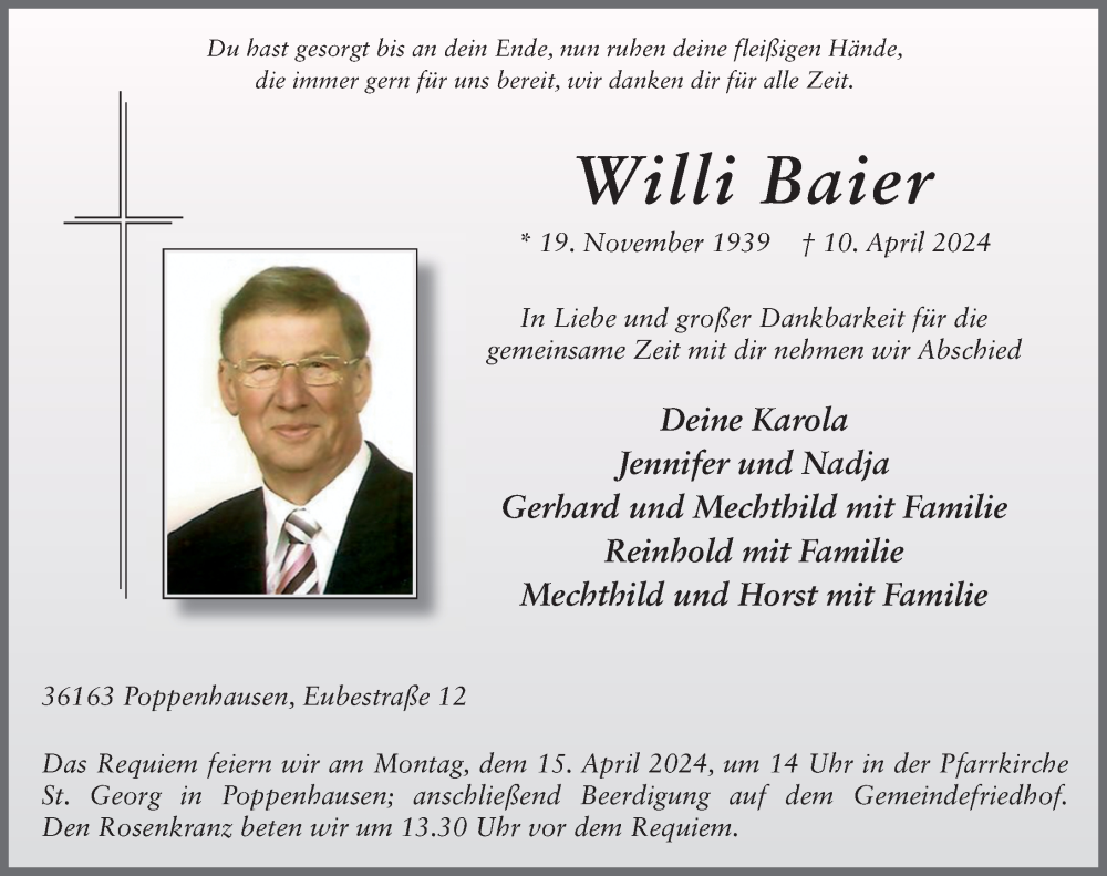  Traueranzeige für Willi Baier vom 13.04.2024 aus FZ