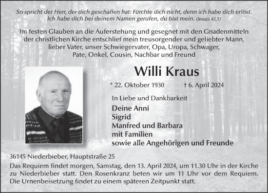 Traueranzeige von Willi Kraus von FZ
