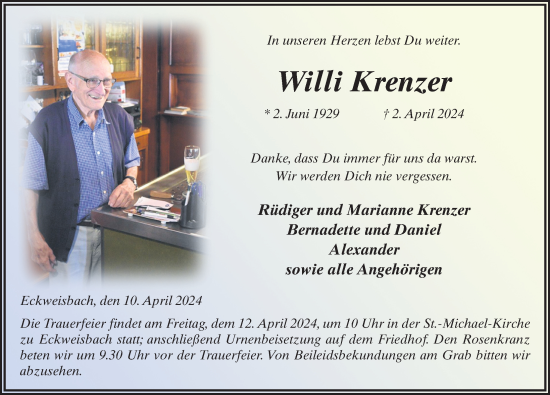 Traueranzeige von Willi Krenzer von FZ