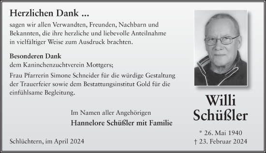 Traueranzeige von Willi Schüßler von FZ