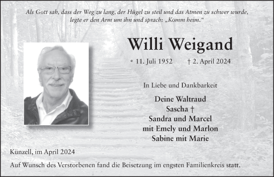 Traueranzeige von Willi Weigand von FZ