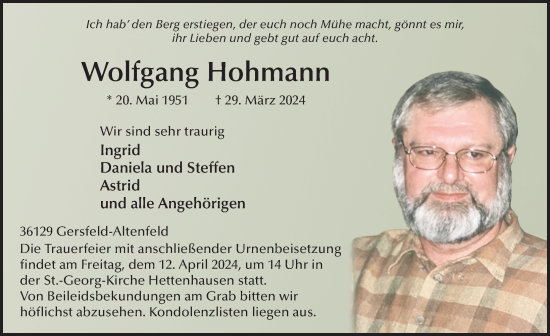 Traueranzeige von Wolfgang Hohmann von FZ