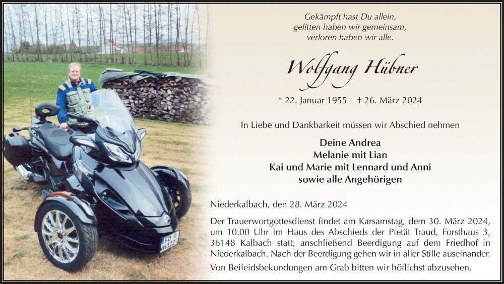  Traueranzeige für Wolfgang Hübner vom 28.03.2024 aus FZ