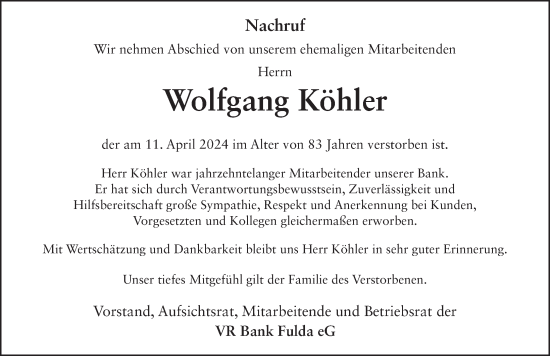 Traueranzeige von Wolfgang Köhler von FZ