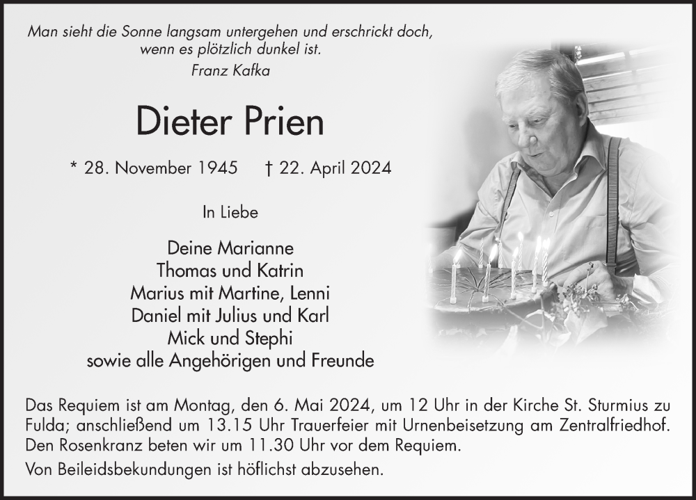  Traueranzeige für Dieter Prien vom 02.05.2024 aus FZ