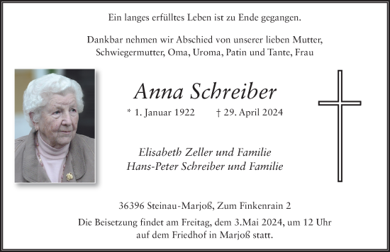 Traueranzeige von Anna Schreiber von FZ