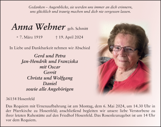 Traueranzeige von Anna Wehner von FZ