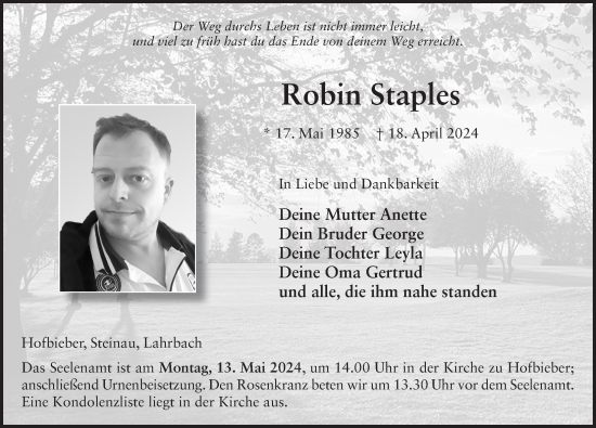 Traueranzeige von Robin Staples  