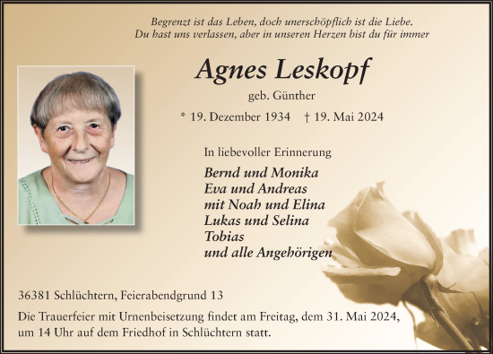 Traueranzeige von Agnes Leskopf von FZ