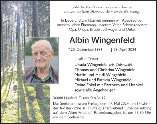 Traueranzeige von Albin Wingenfeld von FZ