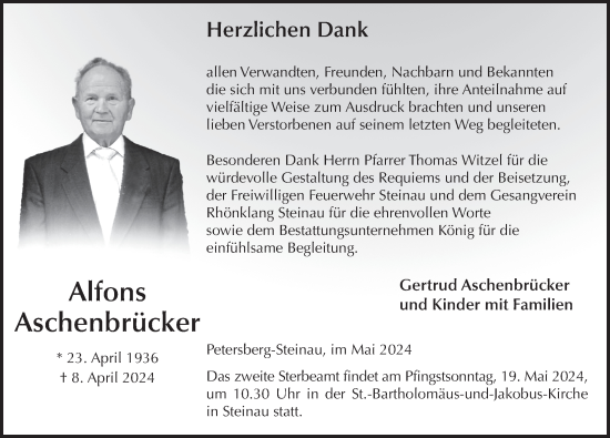 Traueranzeige von Alfons Aschenbrücker von FZ