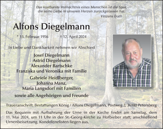 Traueranzeige von Alfons Diegelmann von FZ