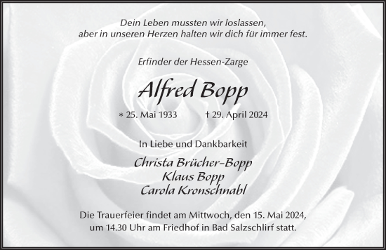 Traueranzeige von Alfred Bopp von FZ