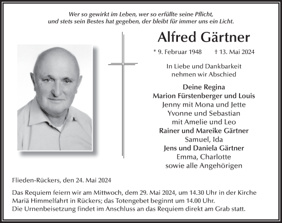 Traueranzeige von Alfred Gärtner von FZ