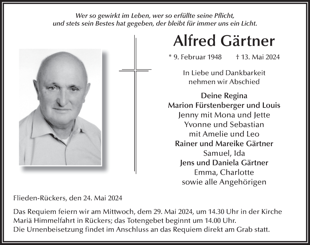  Traueranzeige für Alfred Gärtner vom 24.05.2024 aus FZ