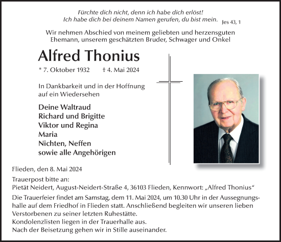 Traueranzeige von Alfred Thonius von FZ