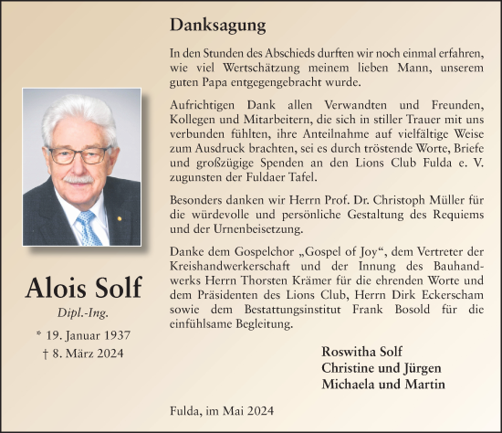 Traueranzeige von Alois Solf von FZ