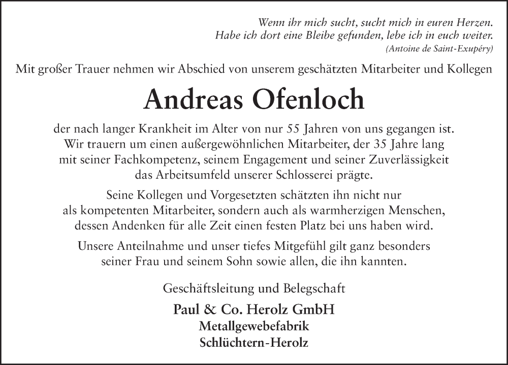  Traueranzeige für Andreas Ofenloch vom 18.05.2024 aus FZ