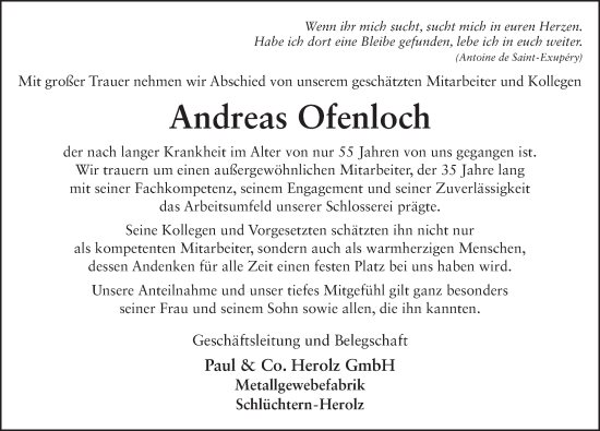 Traueranzeige von Andreas Ofenloch von FZ