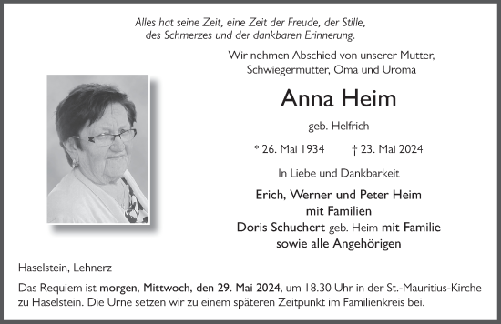 Traueranzeige von Anna Heim von FZ