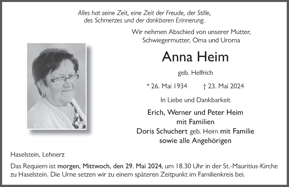  Traueranzeige für Anna Heim vom 28.05.2024 aus FZ