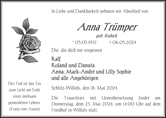 Traueranzeige von Anna Trümper von FZ
