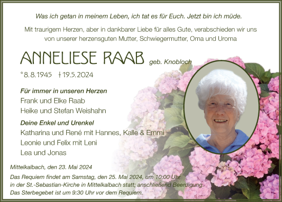 Traueranzeige von Anneliese Raab von FZ