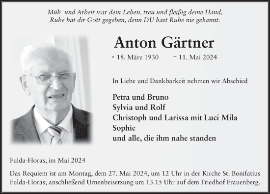 Traueranzeige von Anton Gärtner von FZ
