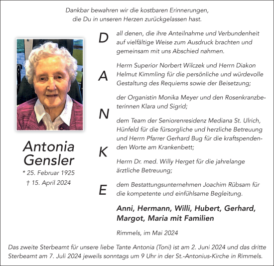 Traueranzeige von Antonia Gensler von FZ