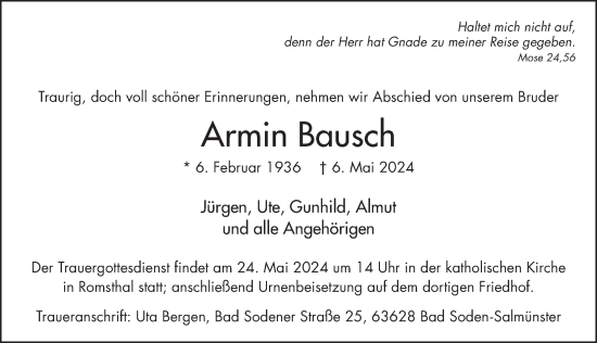 Traueranzeige von Armin Bausch von FZ