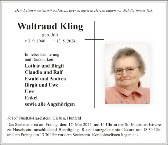 Traueranzeige von Waltraud Kling von FZ