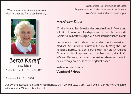Traueranzeige von Berta Knauf von FZ