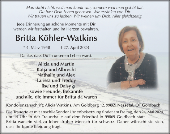 Traueranzeige von Britta Köhler-Watkins von FZ