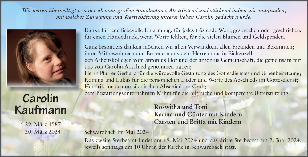  Traueranzeige für Carolin Kaufmann vom 11.05.2024 aus FZ