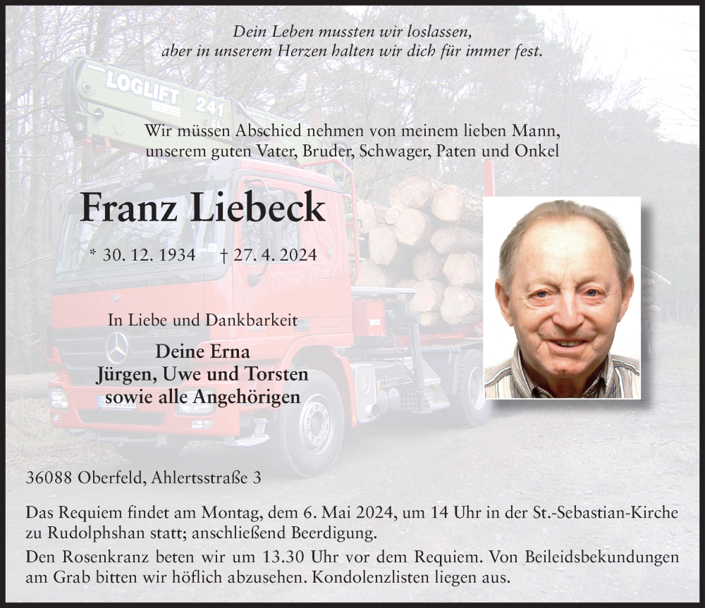  Traueranzeige für Franz Liebeck vom 02.05.2024 aus FZ