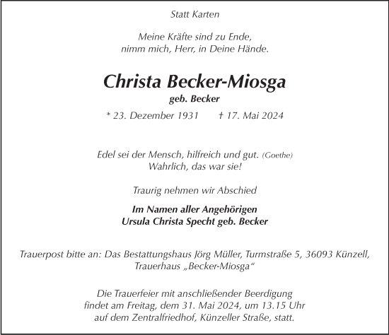 Traueranzeige von Christa Becker-Miosga von FZ