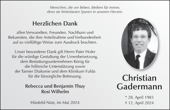 Traueranzeige von Christian Gadermann von FZ