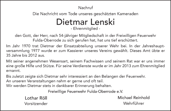 Traueranzeige von Dietmar Lenski von FZ