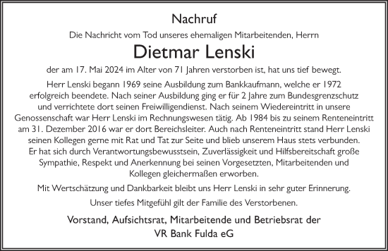 Traueranzeige von Dietmar Lenski von FZ