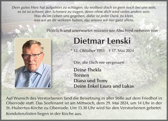 Traueranzeige von Dietmar Lenski von FZ