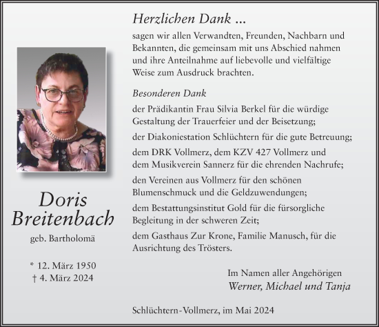 Traueranzeige von Doris Breitenbach von FZ