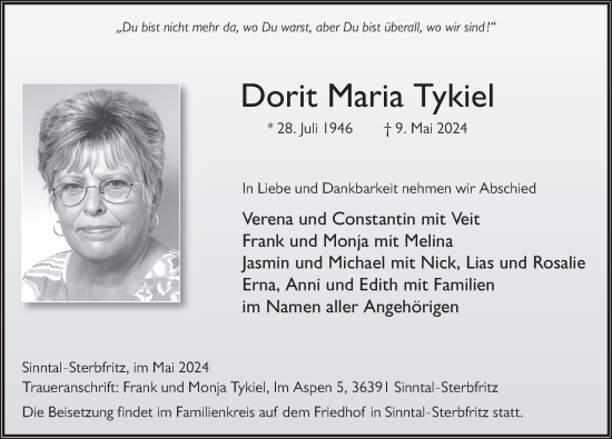 Traueranzeige von Dorit Maria Tykiel von FZ