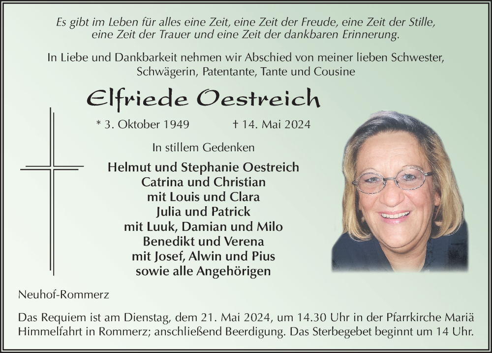  Traueranzeige für Elfriede Oestreich vom 17.05.2024 aus FZ