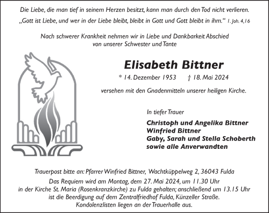 Traueranzeige von Elisabeth Bittner von FZ