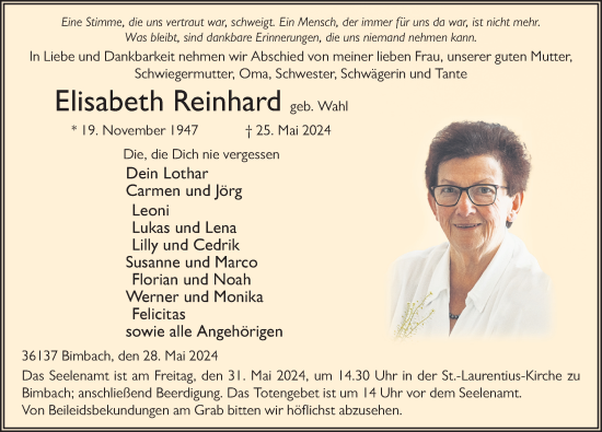 Traueranzeige von Elisabeth Reinhard von FZ