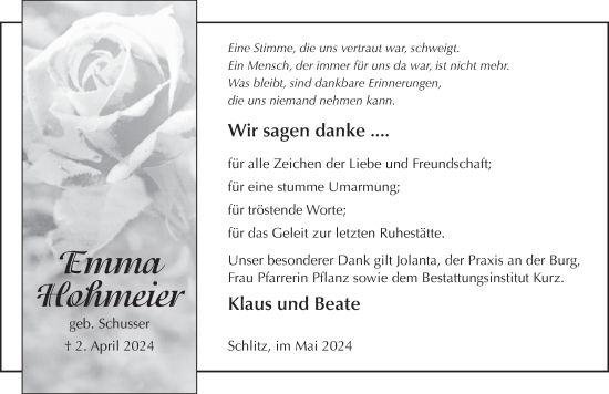 Traueranzeige von Emma Hohmeier von FZ
