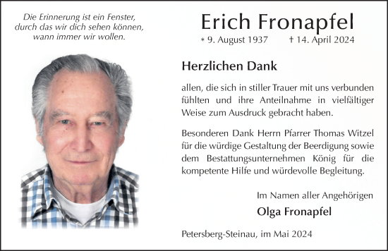 Traueranzeige von Erich Fronapfel von FZ