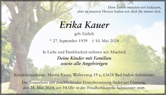 Traueranzeige von Erika Kauer von FZ